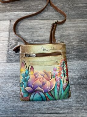 Anuschka Floral Hand-Painted Crossbody in Multicolor with Tan Strap